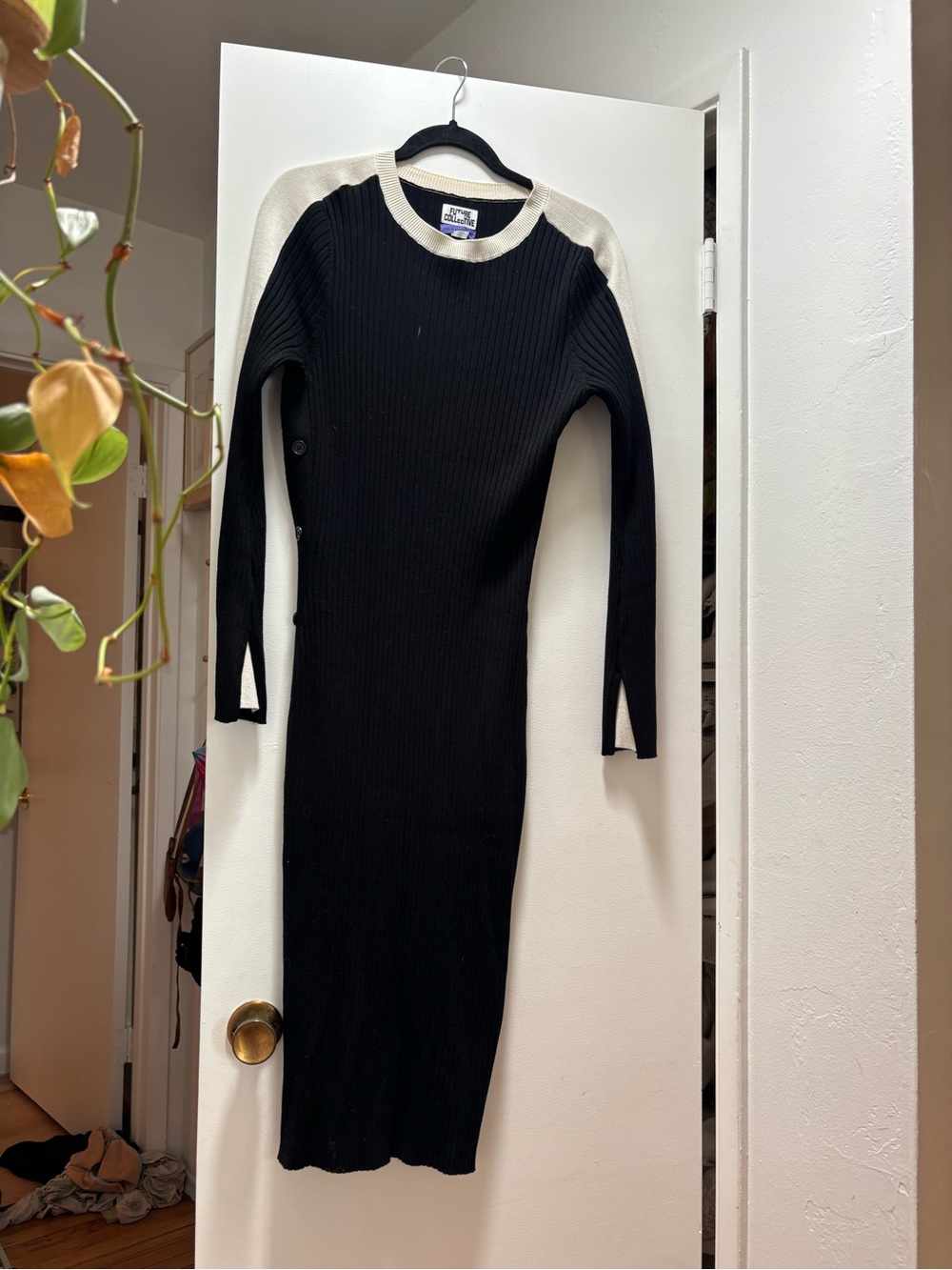 Ribbed Long Sleeve Black and Cream Knit Dress